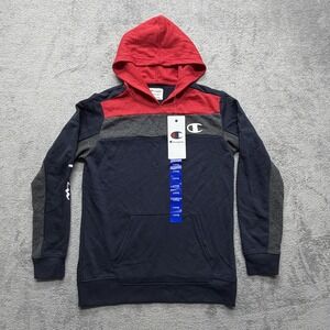 Champion Hoodie Sweatshirt Boys Youth Large Navy‎ Red Colorblock Logo Pullover